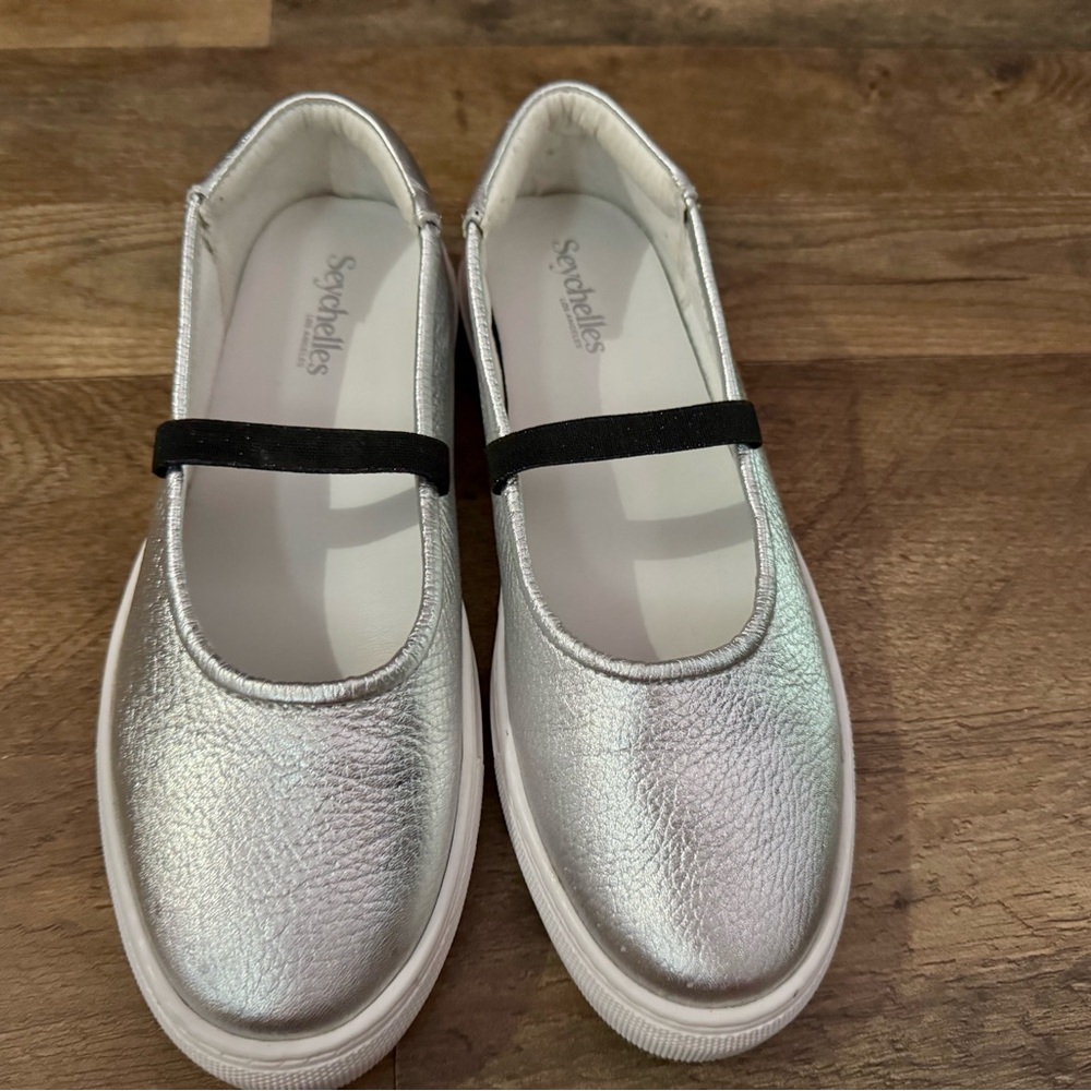 Silver Mary Jane Flats with Black Strap